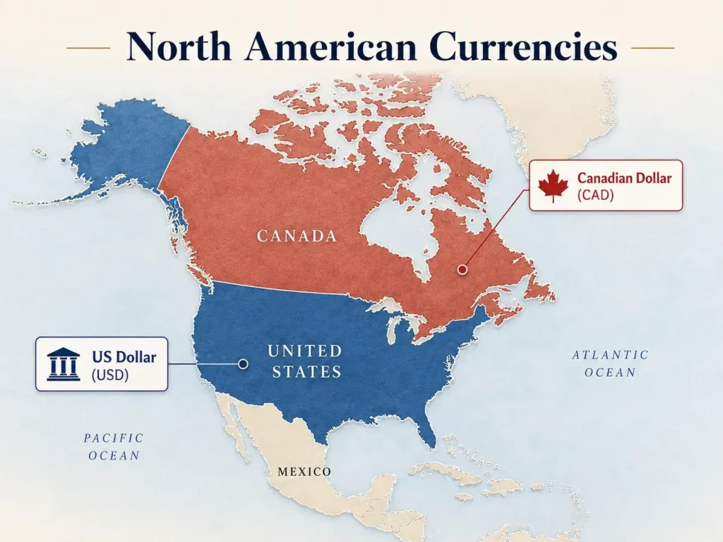 Map of North America highlighting the US Dollar (USD) and Canadian Dollar (CAD) across the United States and Canada.