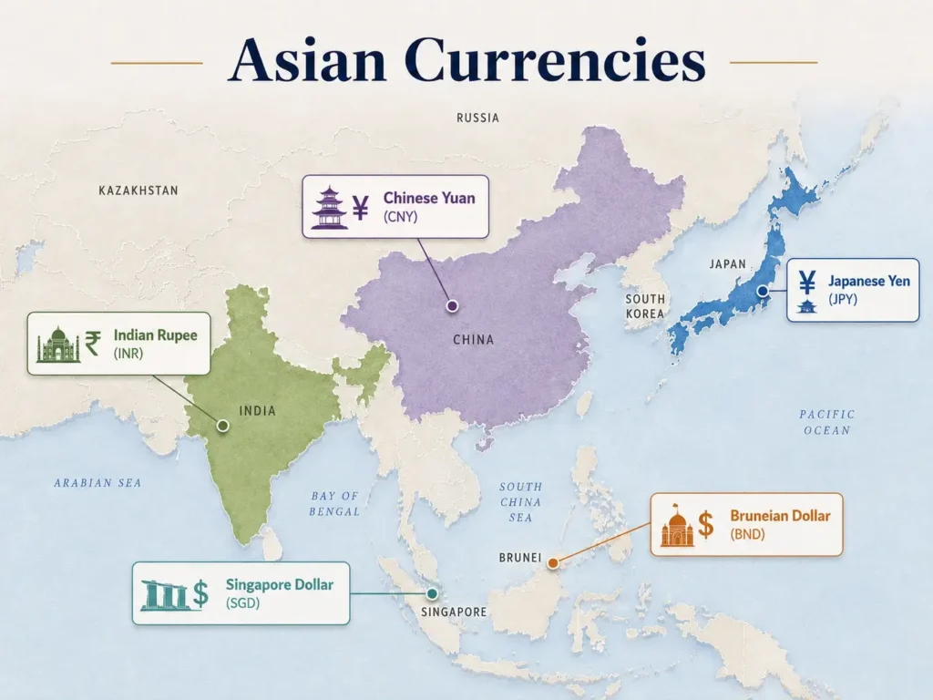 Map of Asia highlighting the Chinese Yuan (CNY), Indian Rupee (INR), Japanese Yen (JPY), Singapore Dollar (SGD), and Bruneian Dollar (BND).