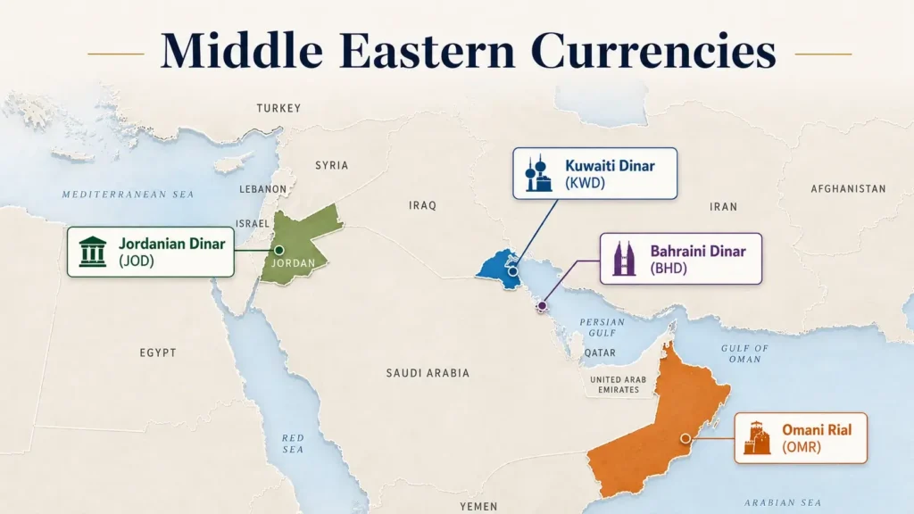 Middle Eastern currencies map highlighting the Kuwaiti Dinar, Bahraini Dinar, Omani Rial, and Jordanian Dinar.