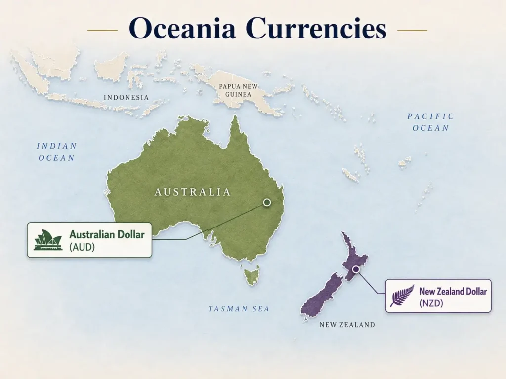 Map of Oceania highlighting the Australian Dollar (AUD) in Australia and the New Zealand Dollar (NZD) in New Zealand.