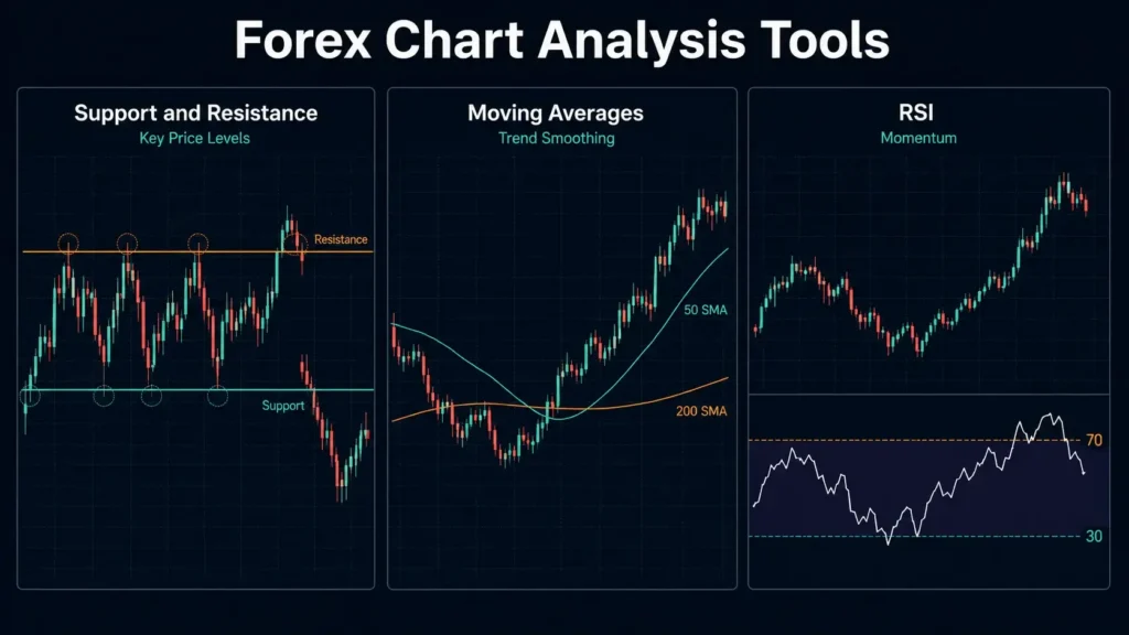 Forex chart analysis infographic showing support and resistance levels, 50- and 200-period simple moving averages, and an RSI momentum indicator with 70 and 30 reference levels.