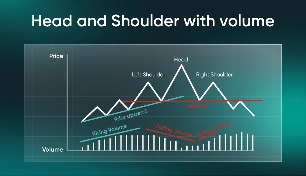 Left Shoulder – The price rallies, then pulls back.
Head – A stronger rally reaches a new high, then pulls back again.
Right Shoulder – A smaller rally fails to beat the head’s height, showing weakening buying pressure.
Neckline – The support line beneath the swings slightly downward. When price breaks below it, the pattern confirms.