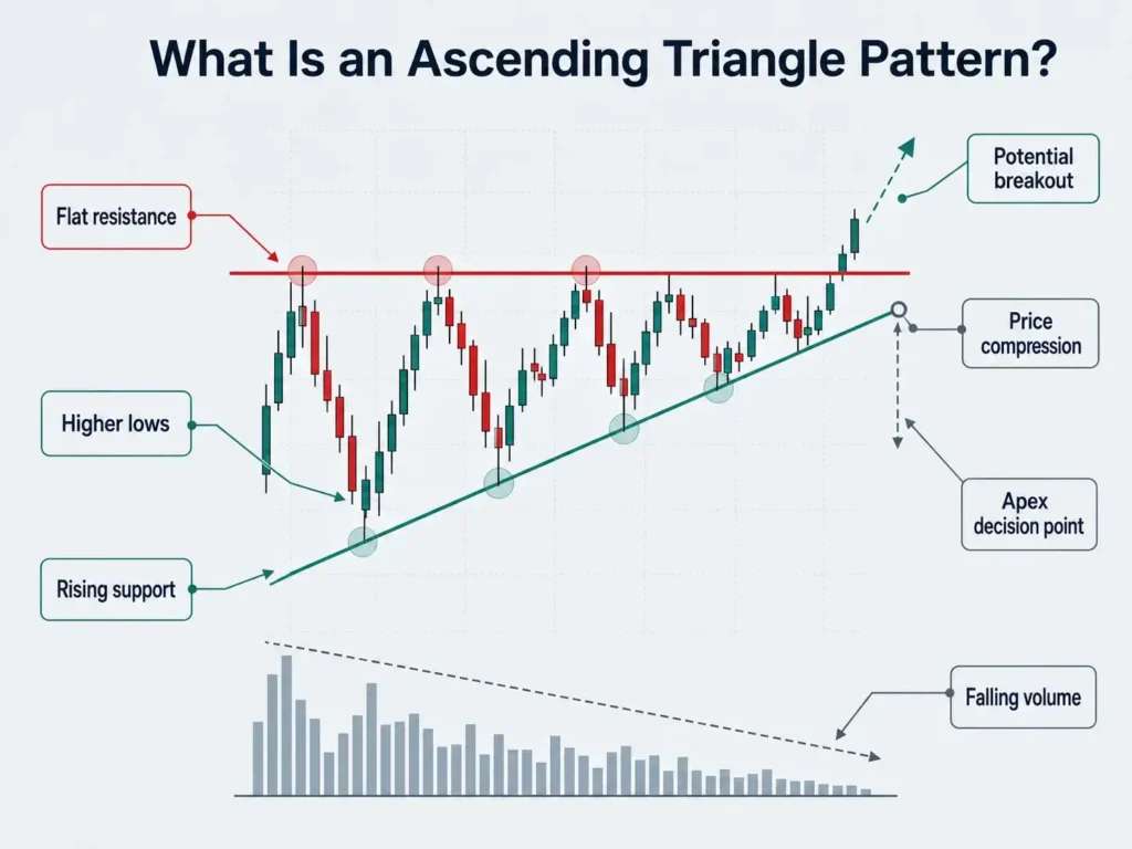 Annotated candlestick chart showing an ascending triangle pattern with flat resistance, rising support, higher lows, falling volume, price compression, an apex, and a potential breakout.