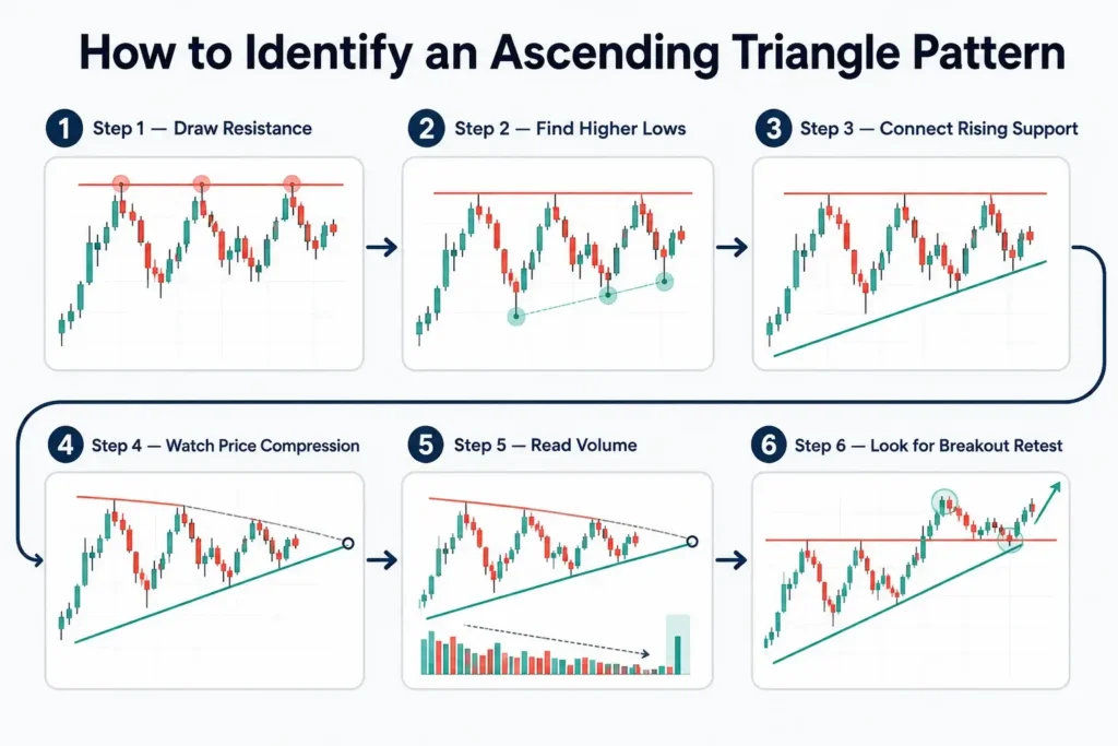 Six-step infographic showing how to identify an ascending triangle pattern by drawing resistance, finding higher lows, connecting rising support, watching price compression, reading volume, and looking for a breakout retest.
