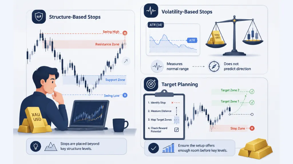 infographic on setting stop-loss and target levels on XAUUSD Vantage Markets