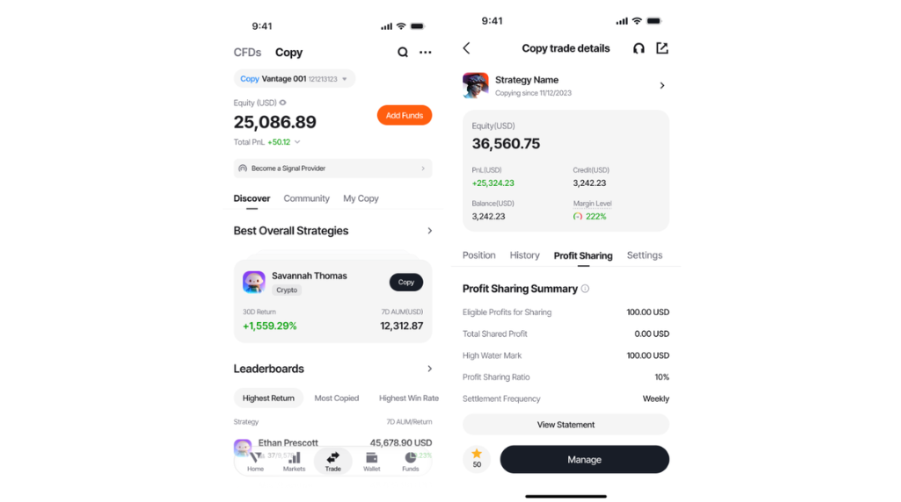 mobile screenshots of vantage trading app