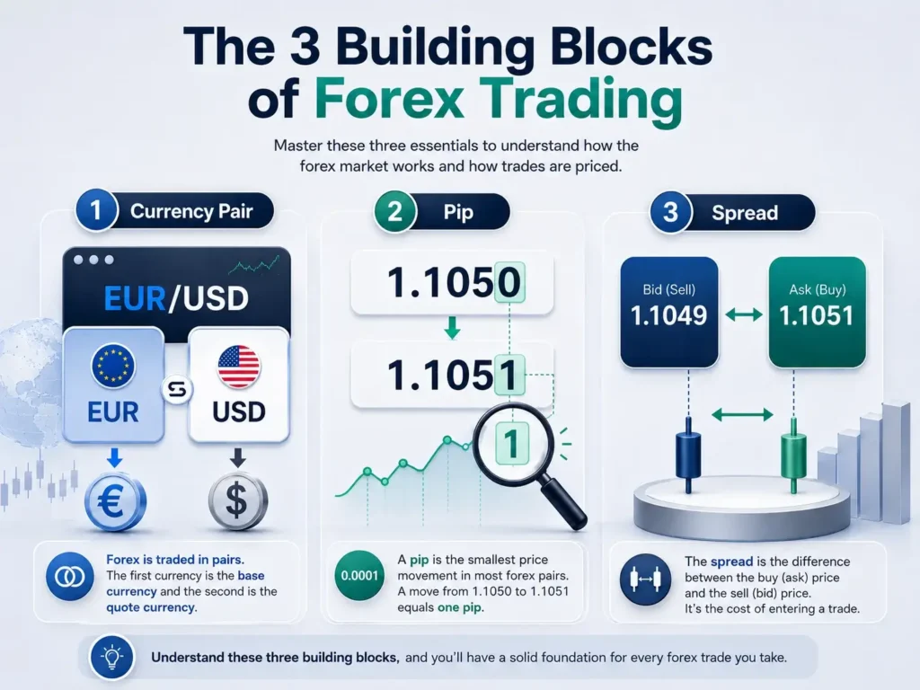 Infographic explaining the three building blocks of forex trading: currency pairs, pips, and spreads using EUR/USD examples.
