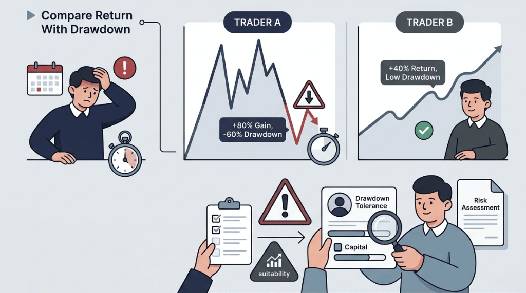 Infographic of comparing return with drawdown to improve copy trading results vantage markets
