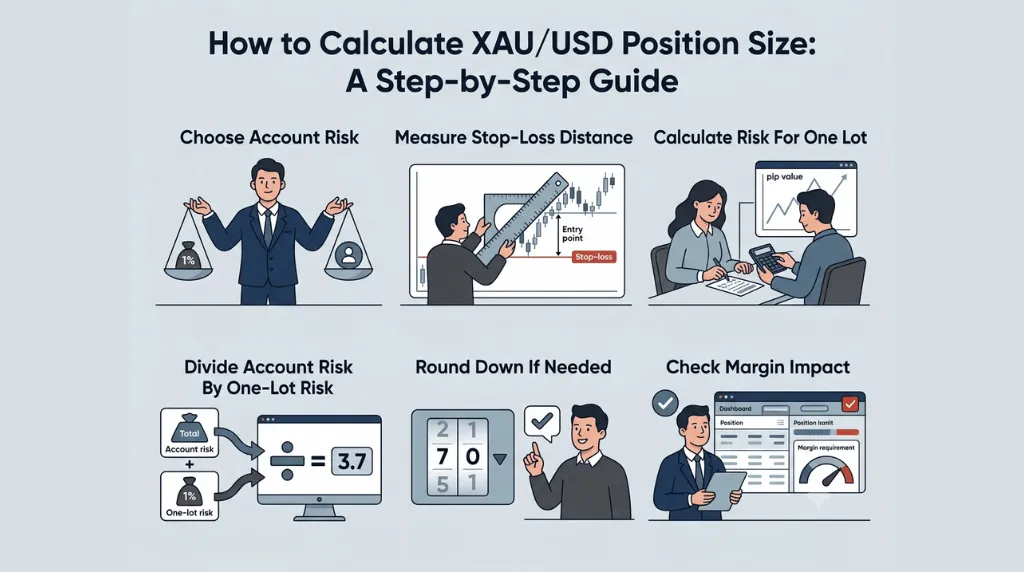 infographic on how to calculate XAUUSD position Size a step-by-step guide Vantage Markets