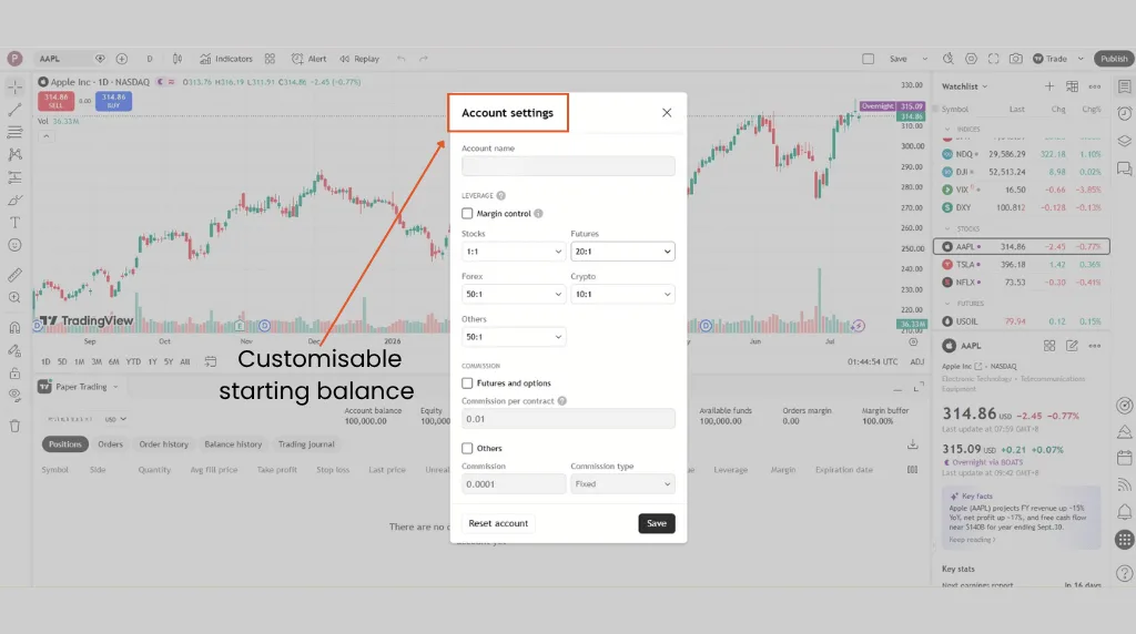 TradingView account settings showing options to customise the starting balance and leverage for paper trading