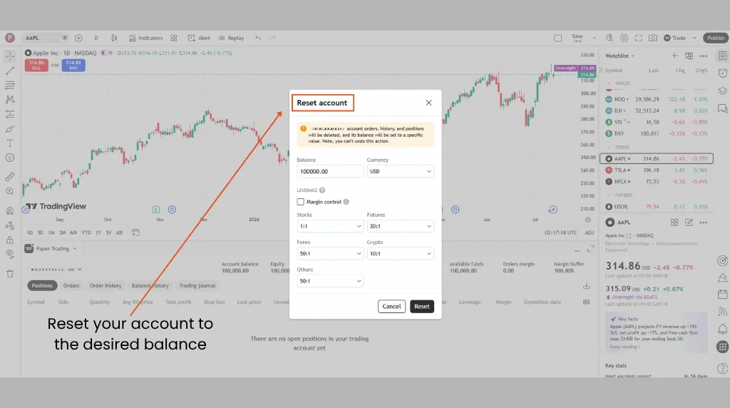 TradingView Reset account window showing balance, currency and leverage settings for paper trading