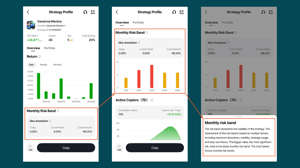 Mobile screens of how to view Vantage Signal Provider monthly risk band on Vantage App.