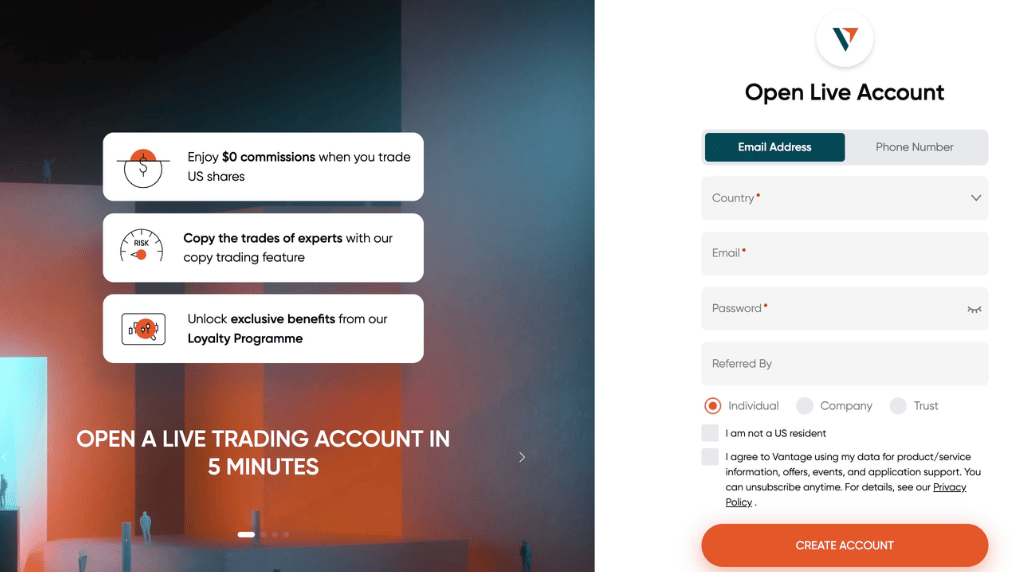 open Vantage Live Account for copy trading with metatrader 4 and 5 