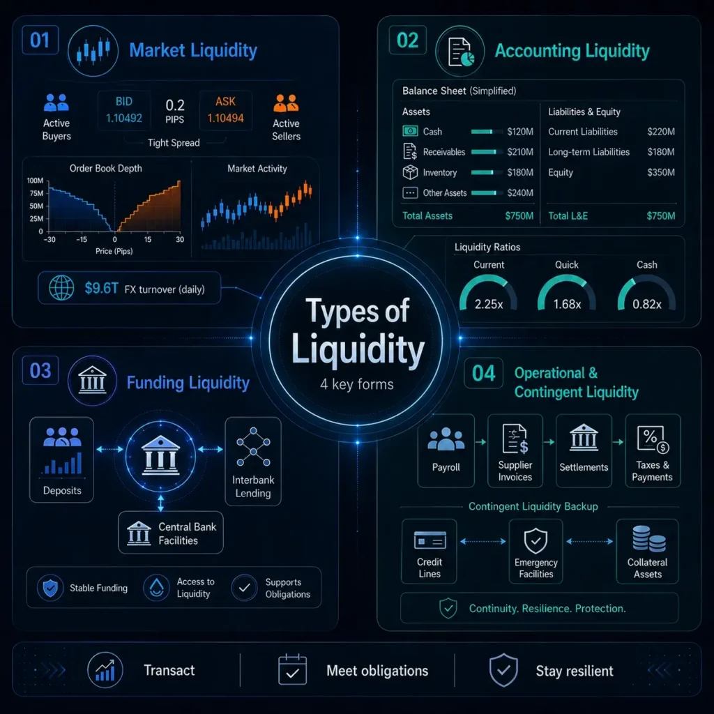 Infographic: four liquidity types around a central hub reading 'Types of Liquidity'; Market, Accounting, Funding, and Operational & Contingent Liquidity depicted with icons and diagrams?