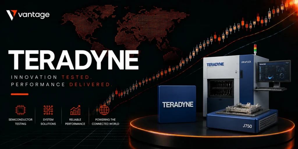 Teradyne marketing banner with world map, rising chart, and a blue Teradyne testing system displaying the slogan "Innovation Tested. Performance Delivered."