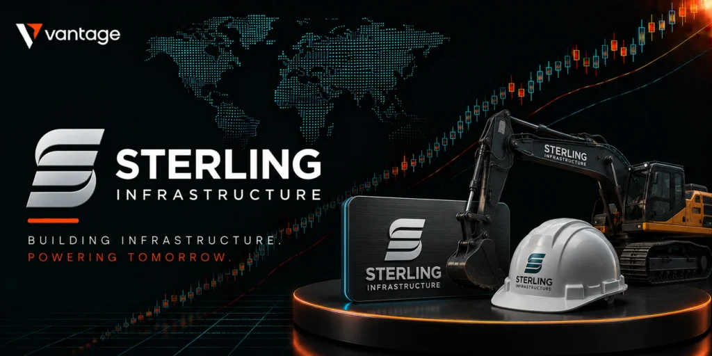 Sterling Infrastructure branding with construction equipment and the slogan 'Building Infrastructure, Powering Tomorrow' on a dark background.