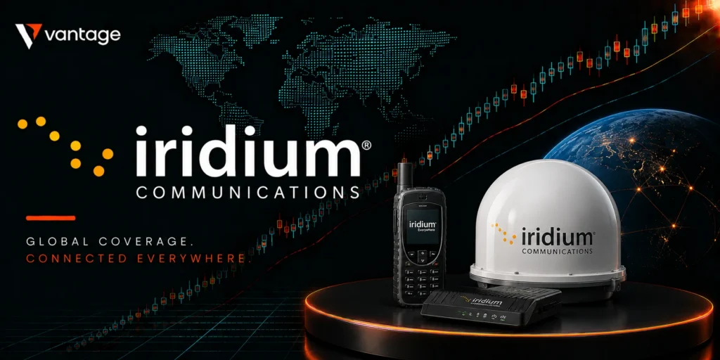 Iridium Communications promo banner with a rugged handheld phone, a satellite dome, and router on a glowing pedestal against a world-map background and stock chart lines.