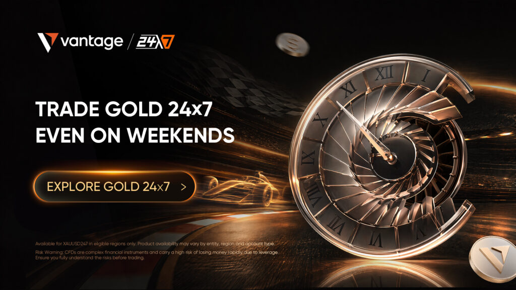 Promotional banner for Vantage 24x7: trade gold anytime with a gold clock graphic and a dark background, CTA to explore gold 24x7